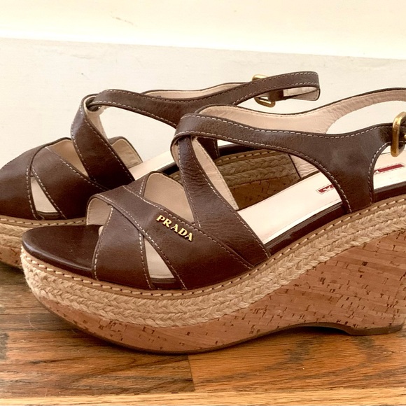 Prada Leather platform wedge sandals in brown leather, Size 7.5 - Picture 3 of 7